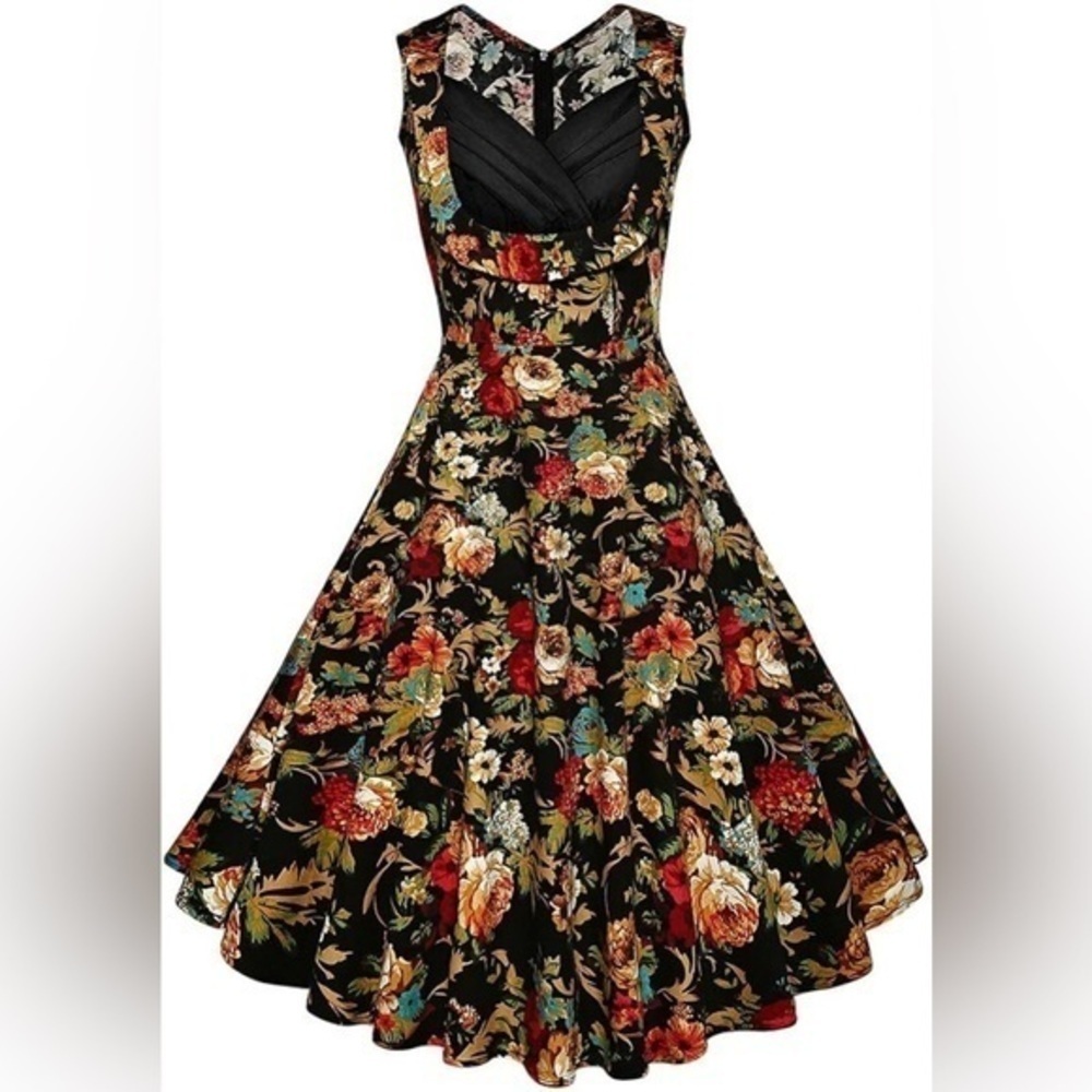 Lindy Bop Pleated Floral Vintage Style Cotton Blend Swing Dress